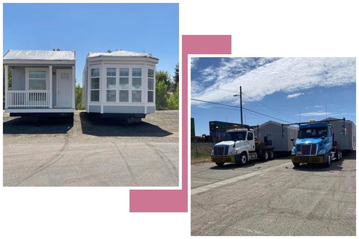 A couple of pictures with some trucks and a house.