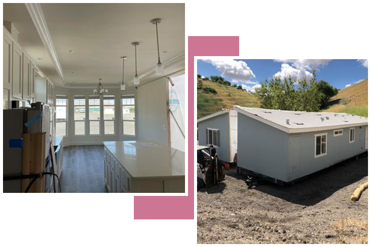 A split screen of a kitchen and a trailer.