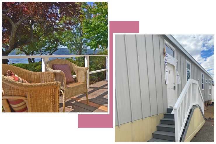 A collage of two pictures with chairs and a porch.