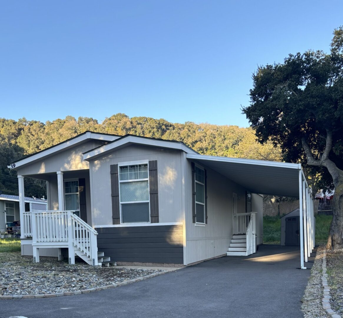Exterior front of double-wide manufactured home with porch in Paso Robles