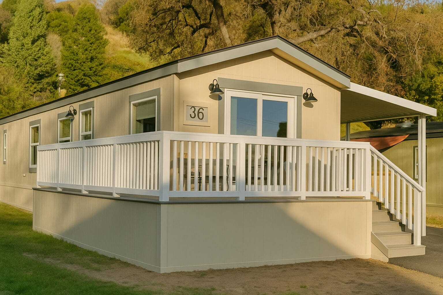 Modern beige manufactured home with white deck and steps in Paso Robles, California, installed by Cravens Manufactured Homes on the Central Coast.