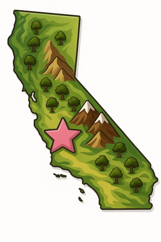 Stylized 3D map of California highlighting the Central Coast service area from Santa Barbara County to Monterey County with accurate mountain and valley terrain.”